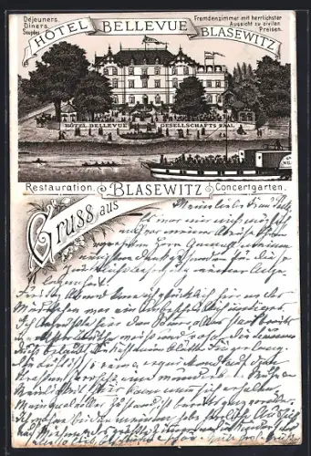 Vorläufer-Lithographie Dresden-Blasewitz, 1895, Hotel Bellevue mit Concertgarten
