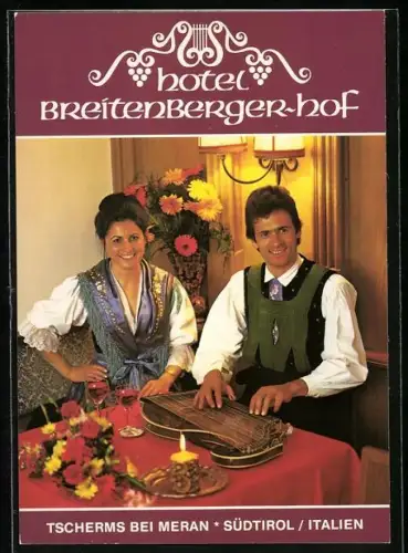 AK Tscherms bei Meran, Hotel Breitenberger Hof, Jodlerkönigin Anneliese und Adi Breitenberger, rückseitig Autographen