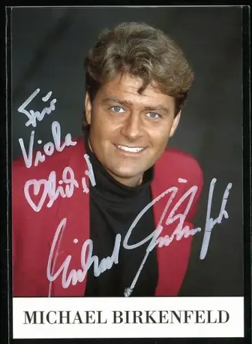 AK Musiker Michael Birkenried im roten Sakko, Autograph