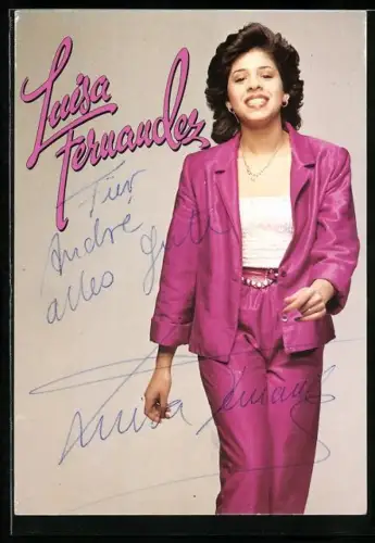 AK Sängerin Luisa Fernandez im rodafarbenen Lederanzug, Autograph