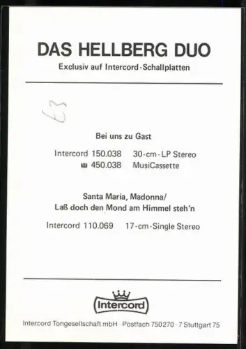 AK Musiker vom Hellberg-Duo, Widmung und Autograph