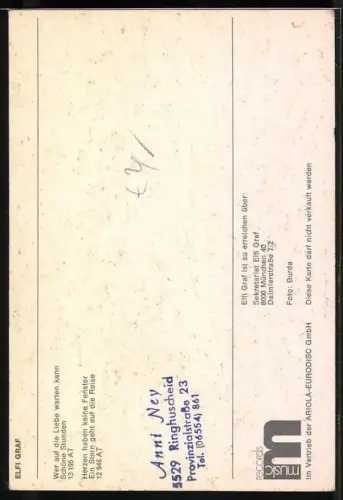 AK Musikerin Elfi Graf mit langen Haaren, Autograph