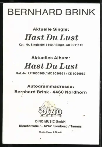 AK Musiker Bernhard Brink in Lederjacke, Autograph