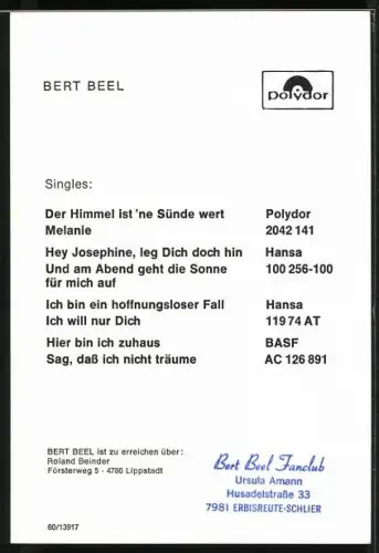 AK Musiker Bert Beel im gelben Hemd portraitiert, Autograph