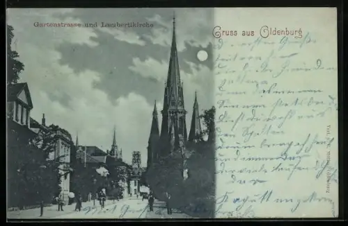 Mondschein-AK Oldenburg / Gr., Gartenstrasse und Lambertikirche