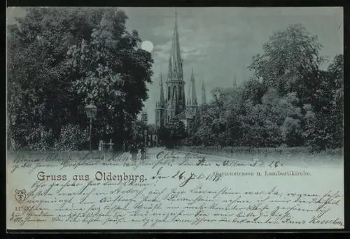 Mondschein-AK Oldenburg / Gr., Gartenstrasse und Lambertikirche