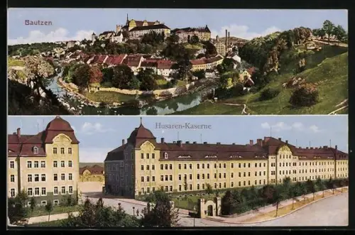 AK Bautzen, Husaren-Kaserne, Stadtpanorama