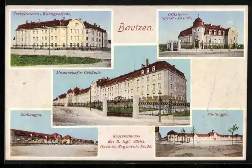 AK Bautzen, Kasernements des 3. Kgl. Sächs. Husaren Regiments Nr. 20, Mannschaftsgebäude, Offiziers-Speise-Anstalt