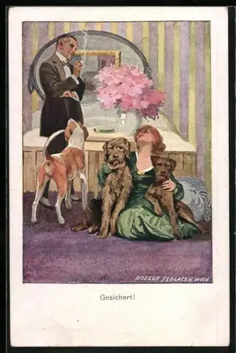 Künstler-AK Robert Sedlacek: Gesichert, Dame wird von ihren Hunden bewacht