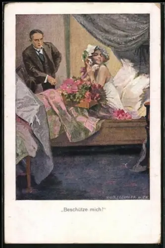 Künstler-AK Robert Sedlacek: Junge Frau fühlt sich im Schlafzimmer beschützt von ihrem kleinen Hund