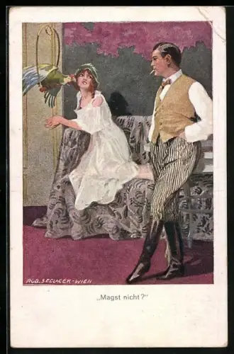 Künstler-AK Robert Sedlacek: Magst nicht?, Mann mit Zigarette blickt auf eine elegante Dame