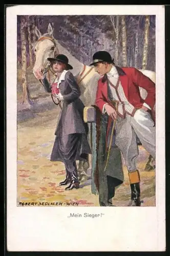 Künstler-AK Robert Sedlacek: Junge Dame macht sich für den Ausritt bereit