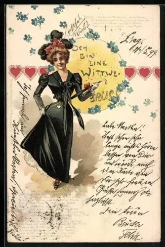 Lithographie Fröhliche Witwe, Vergissmeinnicht-Blüten, Herzen, Jugendstil