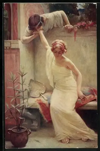 AK Liebespaar in Pompeji, er küsst ihr die Hand