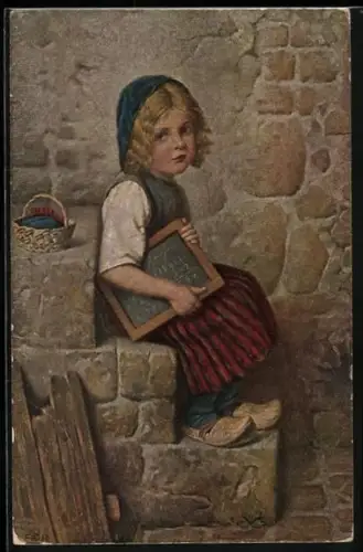 Künstler-AK Hermann Kaulbach: Gretel mit Schultafel