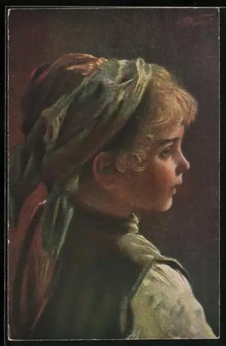 AK Blondes Mädchen mit Kopftuch, Profilportrait