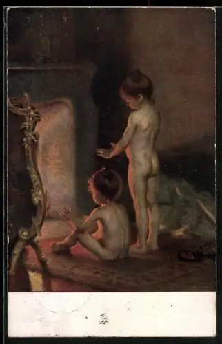 AK Kinder wärmen sich am brennenden Kamin