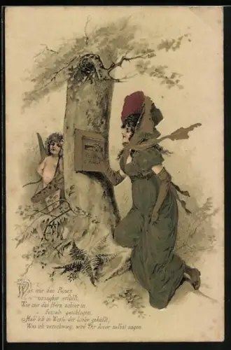 AK Fraulein wirft Brief für Amor ein, Jugendstil