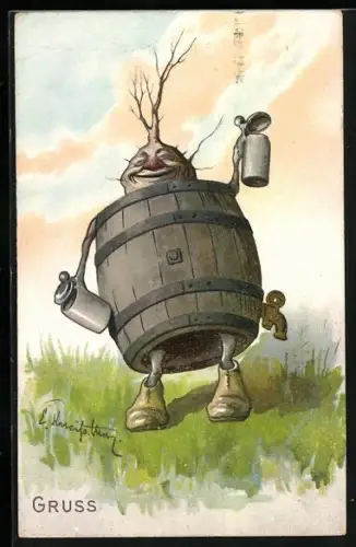 Künstler-AK Lachender Radi auf Beinen im Bierfass