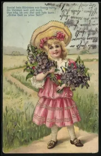 AK Mädchen mit Strohhut und grossem Blumenstrauss