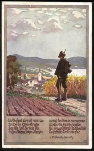 Künstler-AK Ernst Kutzer: Wanderer auf dem Feldweg: Ein Weg durch Korn und roten Klee...