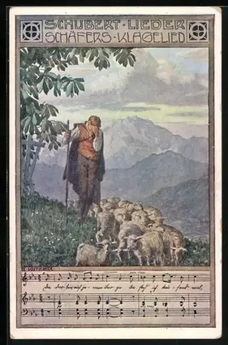 Künstler-AK Ernst Kutzer: Franz Schubert Lied Schäfers Klagelied, der klagende Schäfer mit seiner Herde