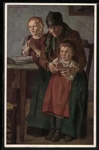 AK Mutter betet mit Kindern am Esstisch, Kinderfürsorge