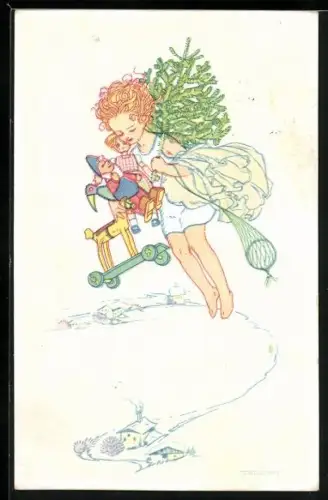 Künstler-AK Hilde Rüker-Lott, Kind schwebt mit Geschenken und Weihnachtsbaum über der Landschaft