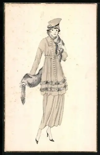 AK Dame mit einem Pelzschal