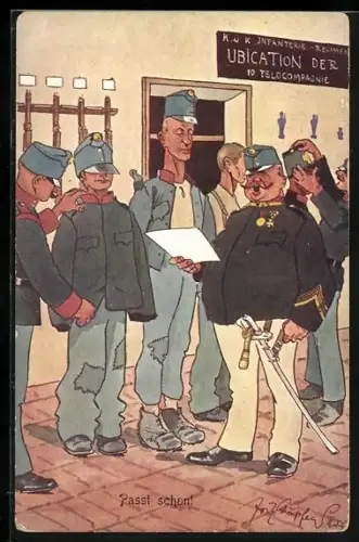 Künstler-AK Fritz Schönpflug: Österreichisches Infanterie-Regiment, 10. Feldcompanie, Besuch der Kleiderkammer