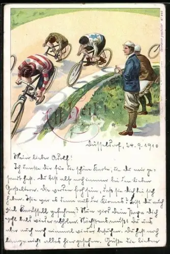 Lithographie Radrennen, Mann mit Stoppuhr