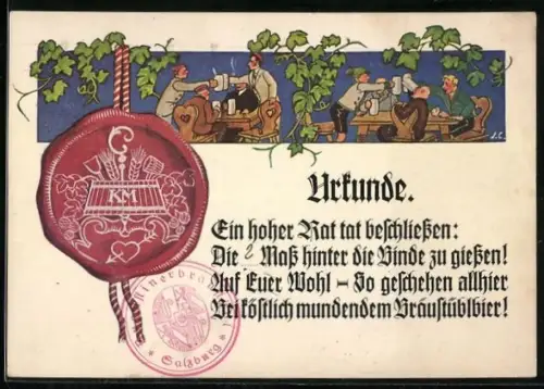 AK Salzburg, Augustinerbräu, Urkunde der Brauerei KM, Trinkerurkunde mit Wirtshausszene
