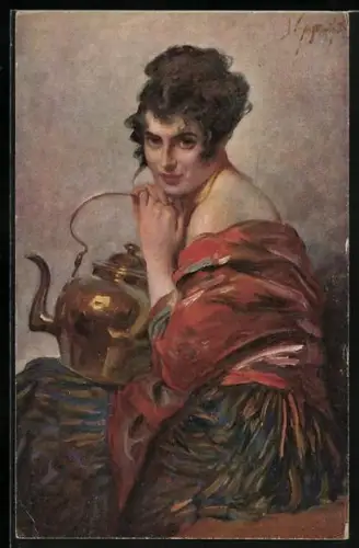 Künstler-AK Leopold Schmutzler: Traumverloren, Dame mit Teekanne