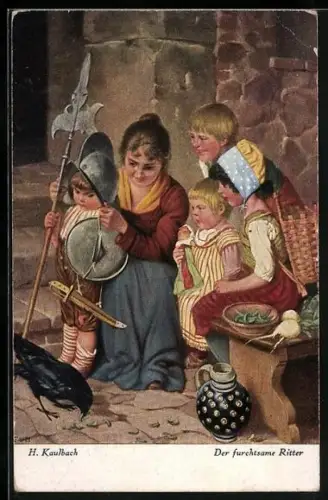 Künstler-AK Hermann Kaulbach: Der furchtsame Ritter, eine Mutter betrachtet mit ihren Kindern einen Raben