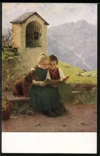 Künstler-AK Zwei Kinder lesend vor Bergpanorama