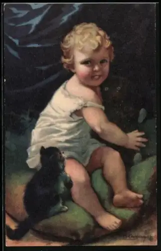 AK Kind mit seinem Teddy, Katze