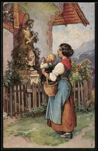 Künstler-AK Gott schütze unsere Lieben im Felde, Mutter & Sohn im Gebet am Hofkreuz