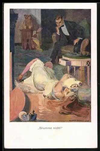 Künstler-AK Robert Sedlacek: Mann schaut einer Frau beim Spiel mit einem Eisbärfell zu