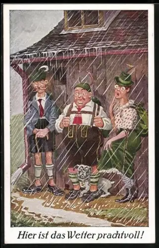 AK Wanderer suchen Schutz vor dem Regen in einer Berghütte