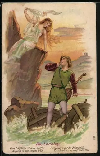 Künstler-AK Loreley, junger Mann mit Instrument am Felsen