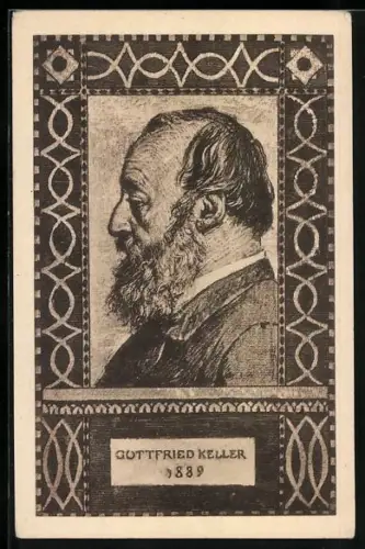 Künstler-AK Schweizer Bundesfeier 1919, Gottfried Keller im Portrait