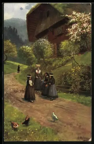 Künstler-AK H. Hoffmann: St. Georgen, Frauen in Tracht auf Strasse nach dem Kirchgang