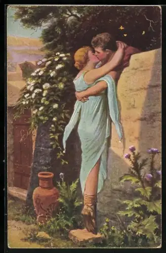 Künstler-AK sign. H. Hirsch: Pärchen küsst sich an der Mauer