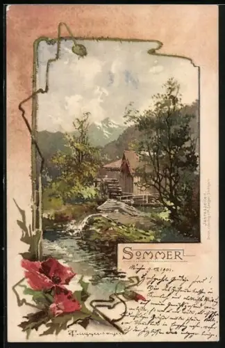 Künstler-AK T.Guggenberger: Sommer, Hütte an Bach und Wald mit Gebirge im Hintergrund