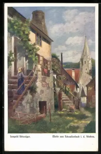 Künstler-AK Leopold Schweiger: Schwallenbach i. d. Wachau, Ortsansicht mit Kirche