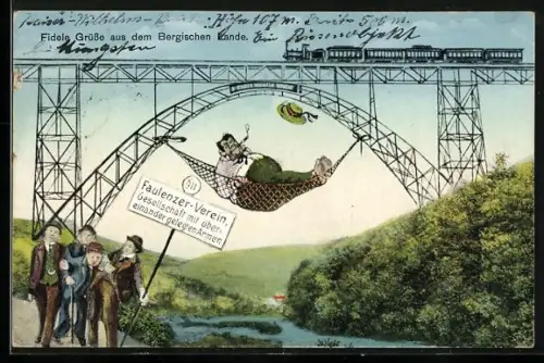 AK Faulenzer-Verein, Mann in einer Hängematte unter einer Eisenbahnbrücke, Scherz