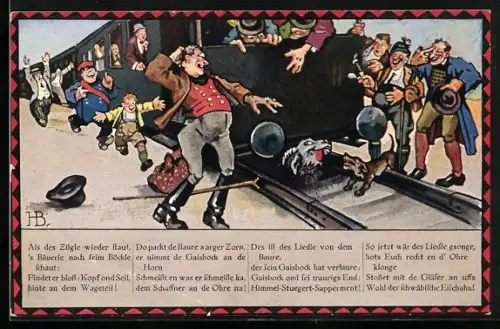 Künstler-AK Hans Boettcher: Ziege des Bauern wird von der Eisenbahn überfahren, kleine Geschichte
