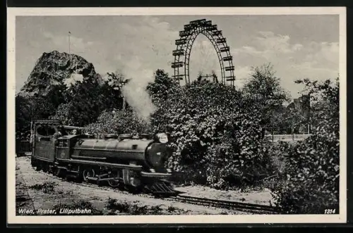 AK Wiener Prater, Liliputbahn und Riesenrad