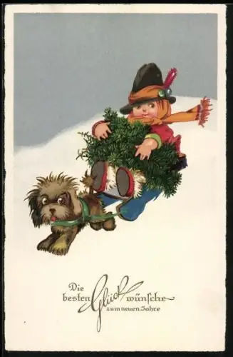 AK Junge wird vom Schlittenhund gezogen, Tannenbaum
