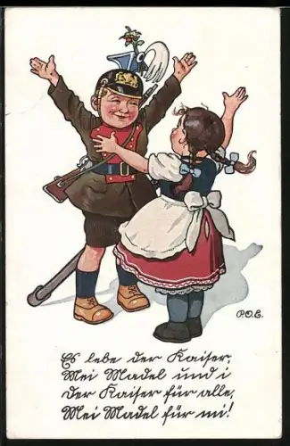 Künstler-AK P.O.Engelhard (P.O.E.): Junge in Uniform mit Gewehr jubelt mit Mädchen, Es lebe der Kaiser!